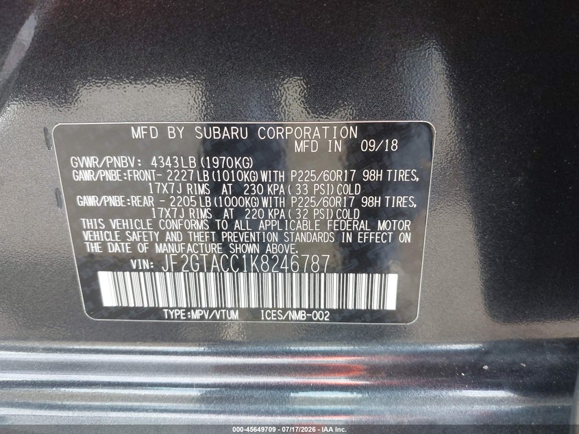 2019 Subaru Crosstrek 2.0I Premium VIN: JF2GTACC1K8246787 Lot: 45649709