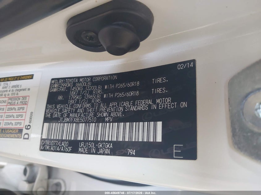 2014 Lexus Gx 460 VIN: JTJBM7FX8E5077510 Lot: 45649746