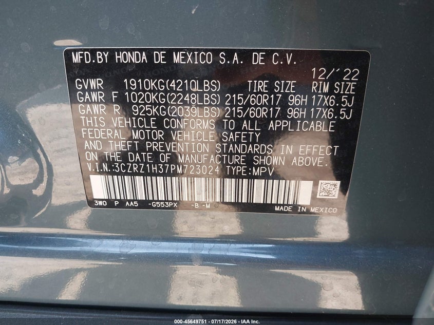 2023 Honda Hr-V 2Wd Lx VIN: 3CZRZ1H37PM723024 Lot: 45649751
