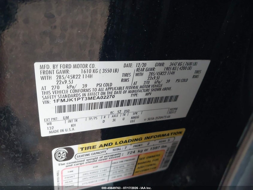 2021 Ford Expedition King Ranch Max VIN: 1FMJK1PT3MEA02270 Lot: 45649763