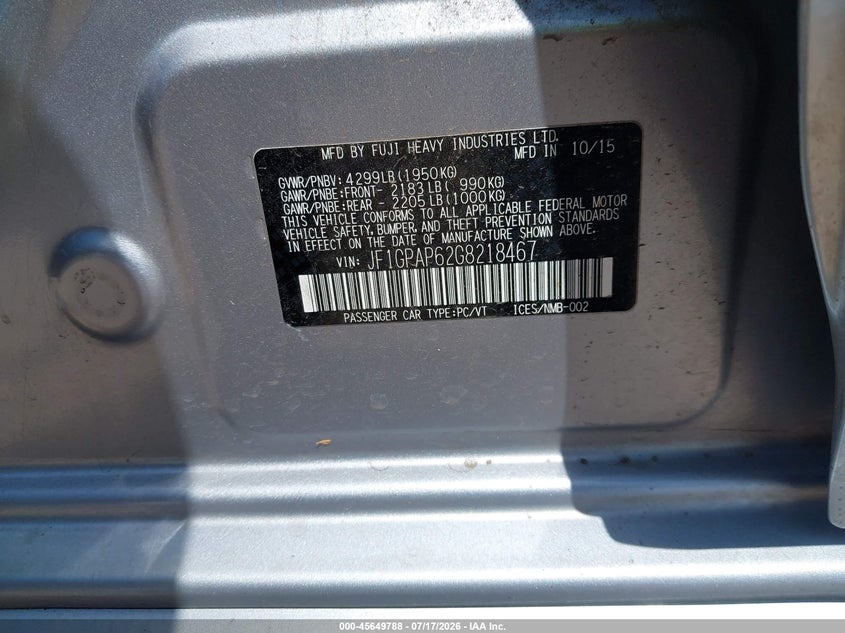 2016 Subaru Impreza 2.0I Sport Premium VIN: JF1GPAP62G8218467 Lot: 45649788