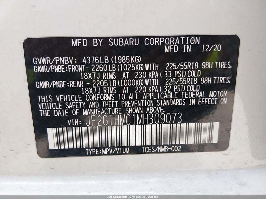2021 Subaru Crosstrek Limited VIN: JF2GTHMC1MH309073 Lot: 45649799