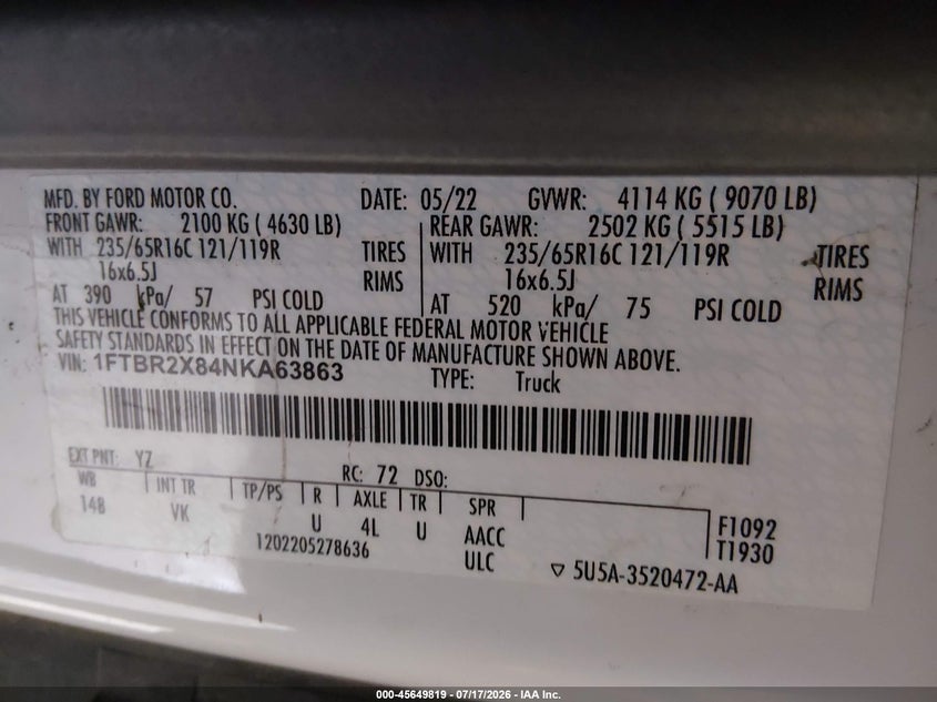 2022 Ford Transit-250 VIN: 1FTBR2X84NKA63863 Lot: 45649819