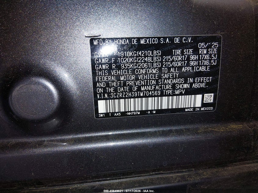 2026 Honda Hr-V Awd Lx VIN: 3CZRZ2H39TM704569 Lot: 45649821