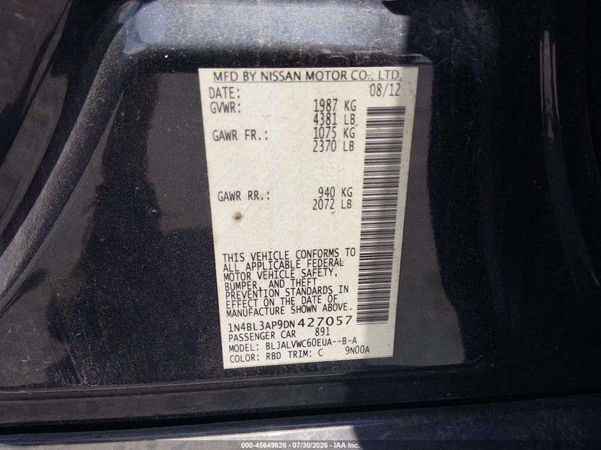2013 NISSAN ALTIMA SEDAN 3.5L V-6 DOHC, VVT, 270HP