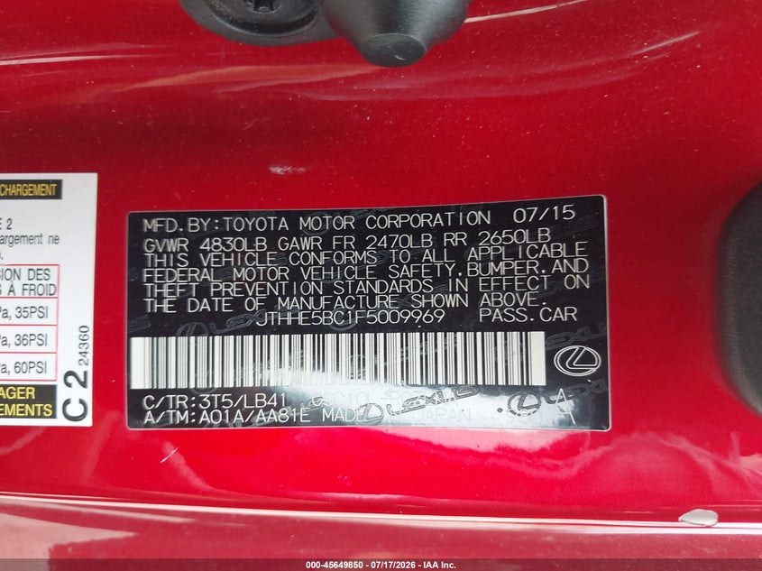2015 Lexus Rc 350 VIN: JTHHE5BC1F5009969 Lot: 45649850