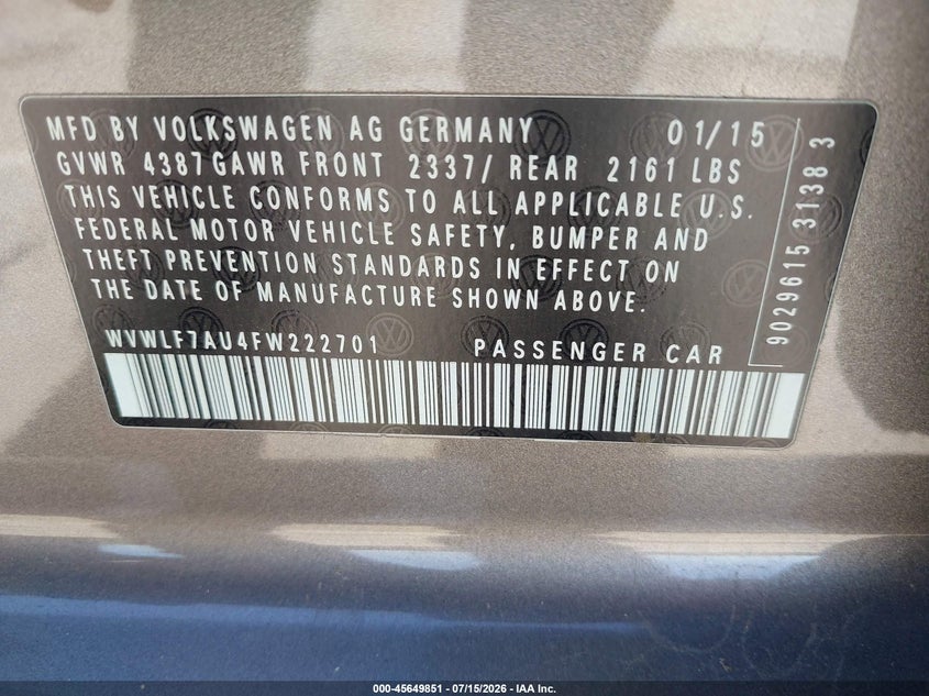 2015 Volkswagen Golf R 4-Door VIN: WVWLF7AU4FW222701 Lot: 45649851