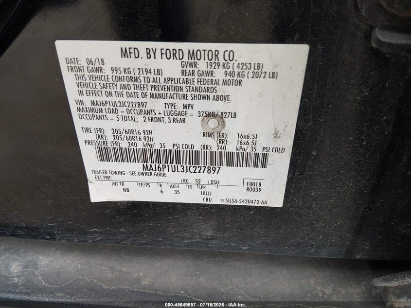 2018 Ford Ecosport Se VIN: MAJ6P1UL3JC227897 Lot: 45649857
