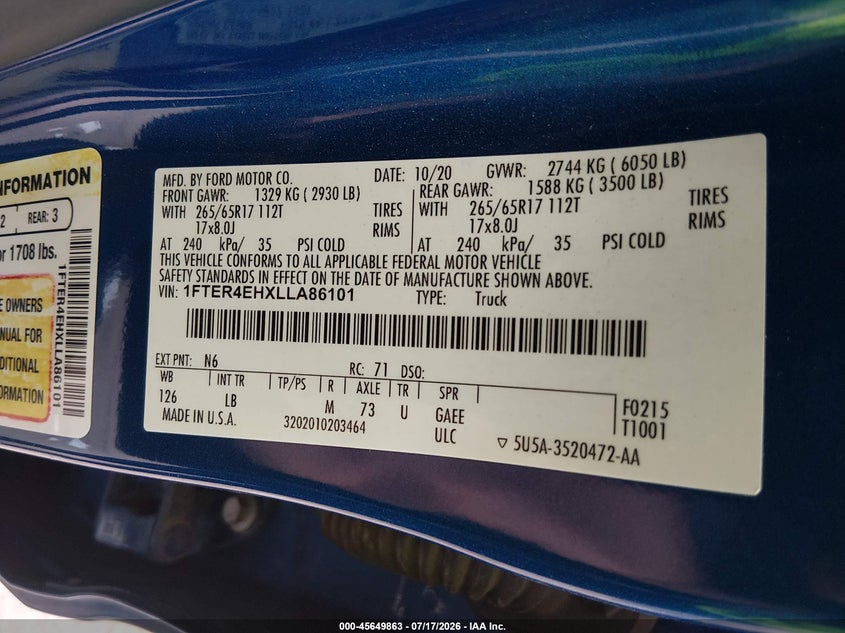 2020 Ford Ranger Xlt VIN: 1FTER4EHXLLA86101 Lot: 45649863