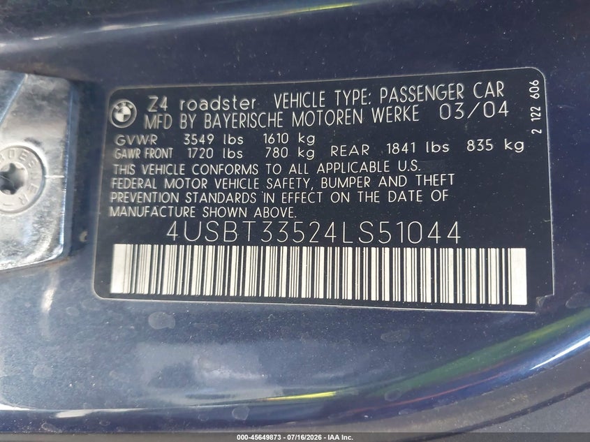 2004 BMW Z4 2.5I VIN: 4USBT33524LS51044 Lot: 45649873