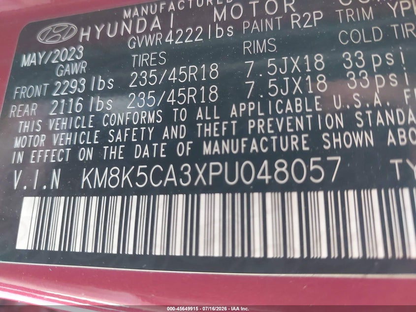 2023 Hyundai Kona Limited VIN: KM8K5CA3XPU048057 Lot: 45649915