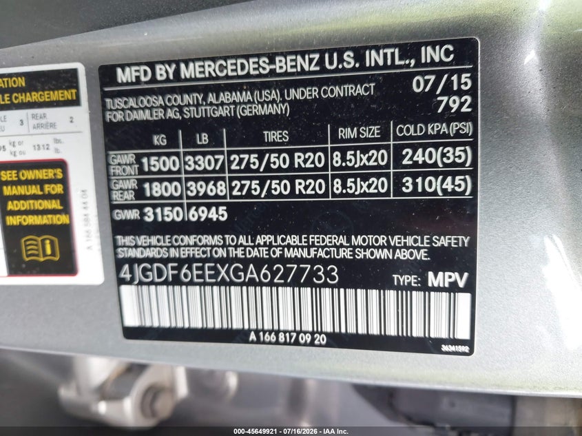 2016 Mercedes-Benz Gl 450 4Matic VIN: 4JGDF6EEXGA627733 Lot: 45649921