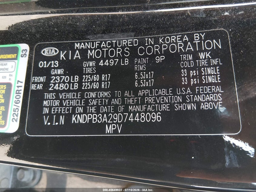 2013 Kia Sportage Lx VIN: KNDPB3A29D7448096 Lot: 45649922