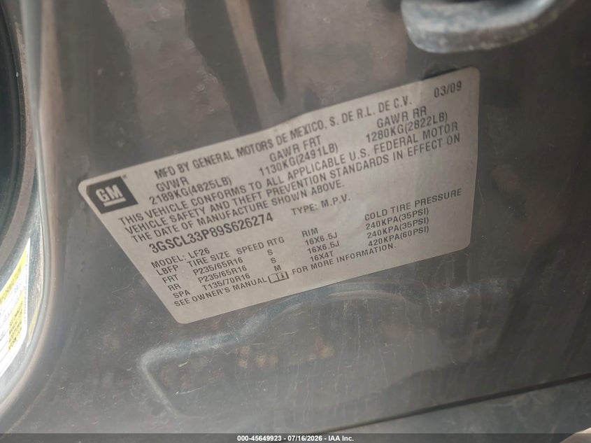 2009 Saturn Vue Xe VIN: 3GSCL33P89S626274 Lot: 45649923
