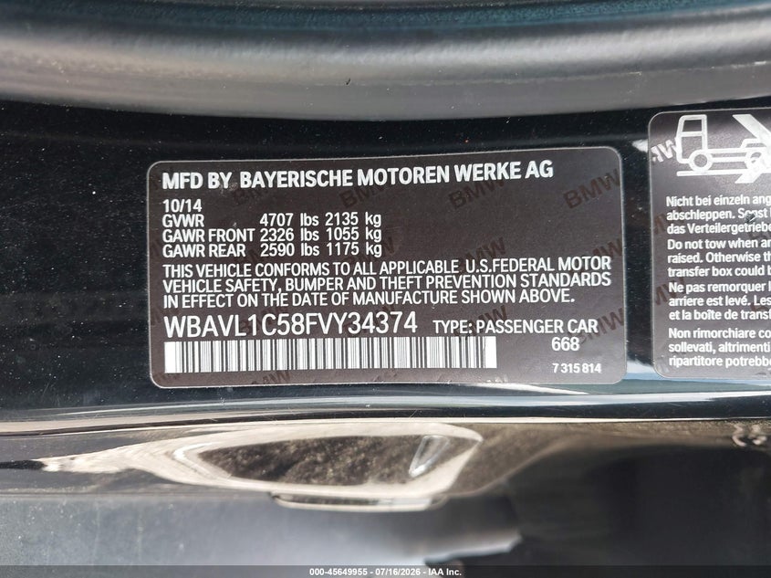 2015 BMW X1 xDrive28I VIN: WBAVL1C58FVY34374 Lot: 45649955