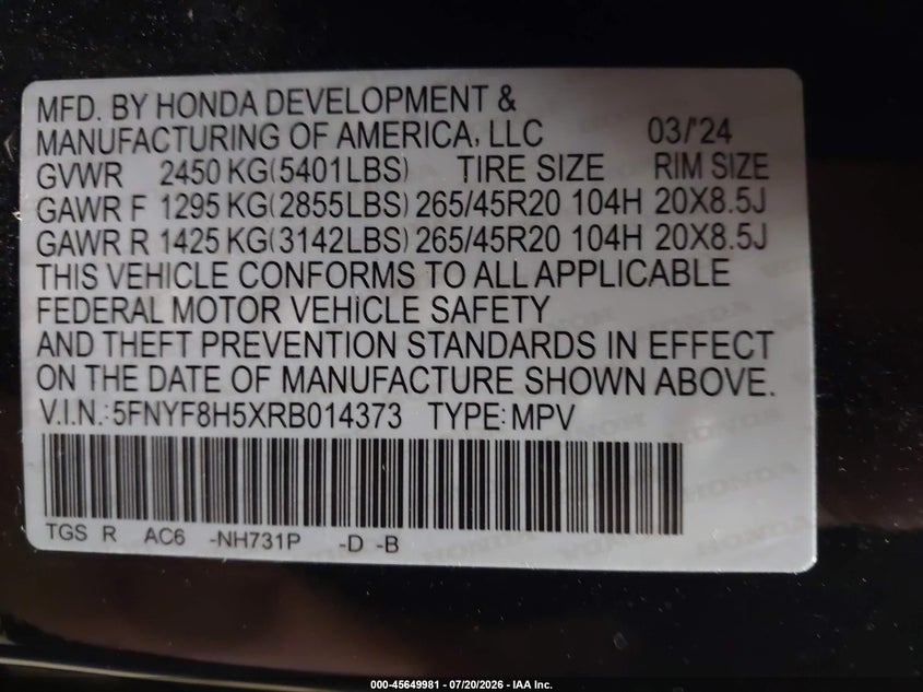 HONDA PASSPORT 2024 VIN 5FNYF8H5XRB014373