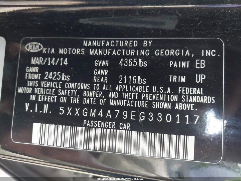 2014 Kia Optima Lx VIN: 5XXGM4A79EG330117 Lot: 45650020
