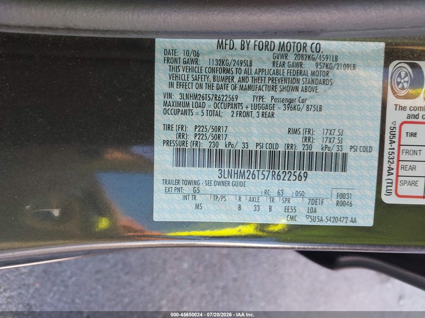2007 Lincoln Mkz VIN: 3LNHM26T57R622569 Lot: 45650024