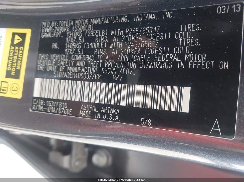 2013 Toyota Highlander VIN: 5TDZA3EH4DS037768 Lot: 45650046
