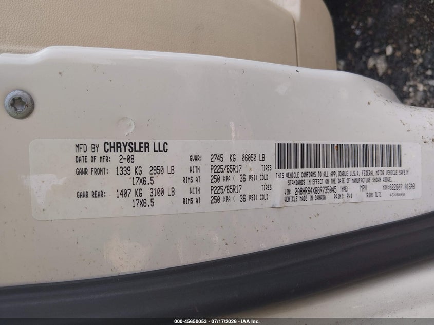 2008 Chrysler Town & Country Limited VIN: 2A8HR64X68R735045 Lot: 45650053