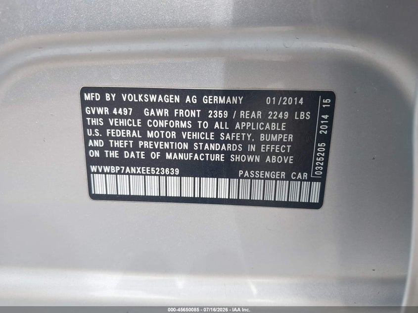 2014 VOLKSWAGEN PASSAT CC SEDAN 2.0L I-4 DI, DOHC, VVT, TURBO, 200HP