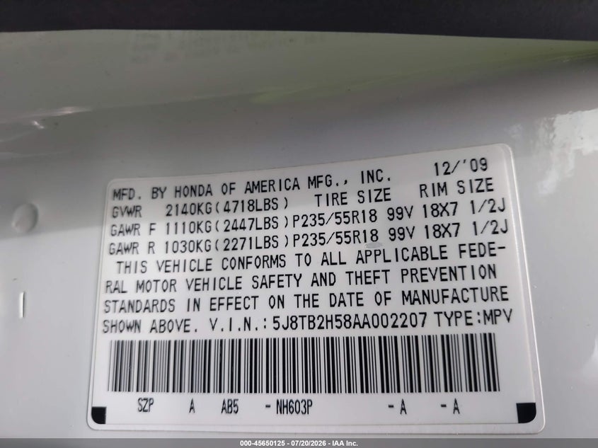 2010 Acura Rdx VIN: 5J8TB2H58AA002207 Lot: 45650125
