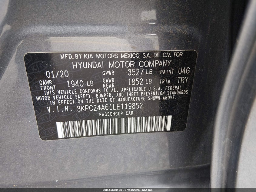 2020 Hyundai Accent Se VIN: 3KPC24A61LE119852 Lot: 45650136
