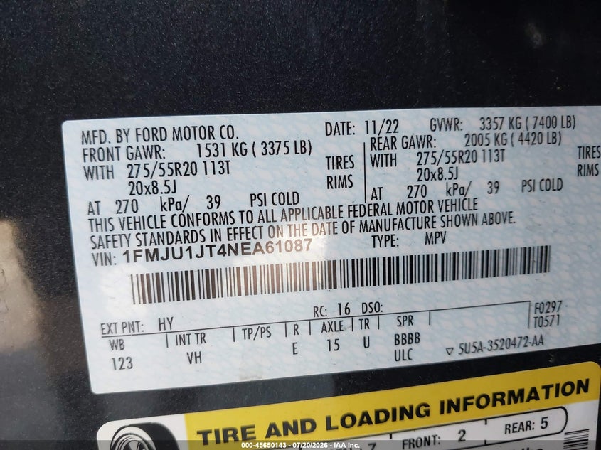 2022 Ford Expedition Xlt VIN: 1FMJU1JT4NEA61087 Lot: 45650143