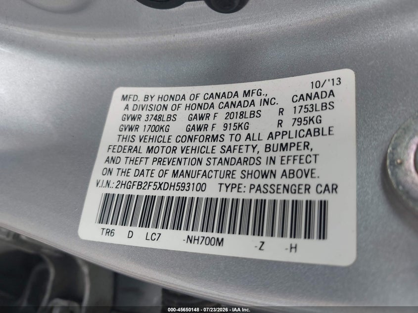 HONDA CIVIC 2013 VIN 2HGFB2F5XDH593100