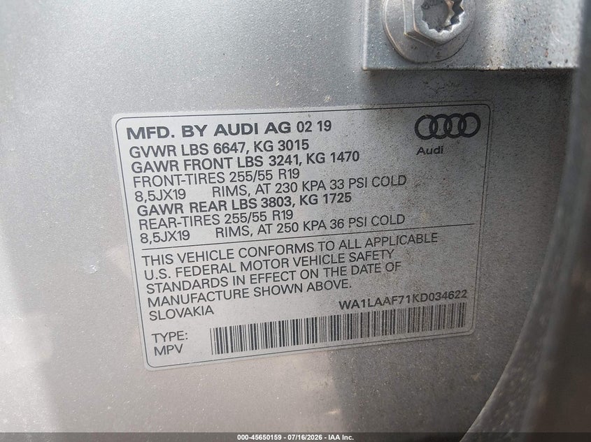 2019 Audi Q7 55 Premium/55 Se Premium VIN: WA1LAAF71KD034622 Lot: 45650159