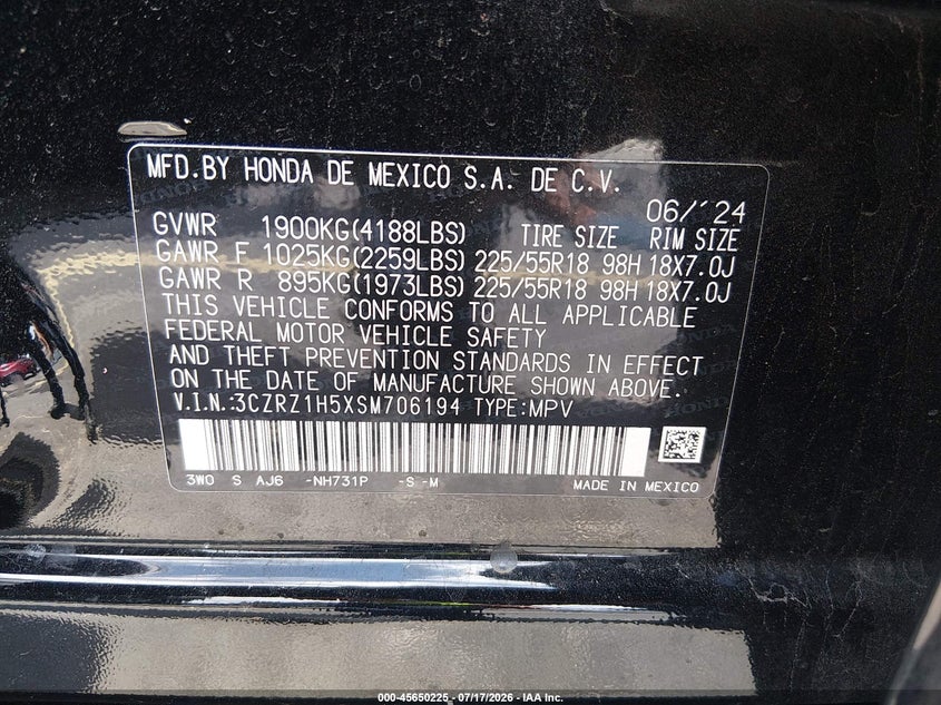 HONDA HR-V 2025 VIN 3CZRZ1H5XSM706194