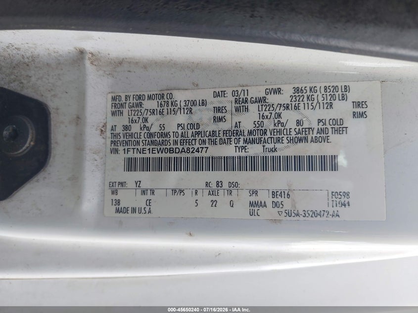 2011 Ford E-150 Commercial VIN: 1FTNE1EW0BDA82477 Lot: 45650240