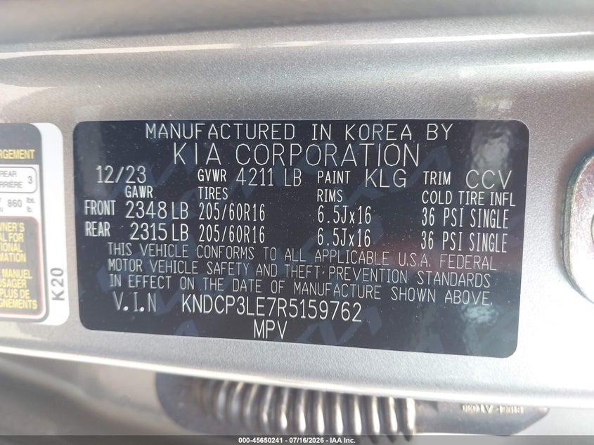 2024 Kia Niro Lx VIN: KNDCP3LE7R5159762 Lot: 45650241