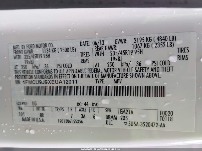2014 Ford Escape Titanium VIN: 1FMCU9J9XEUA12011 Lot: 45650259