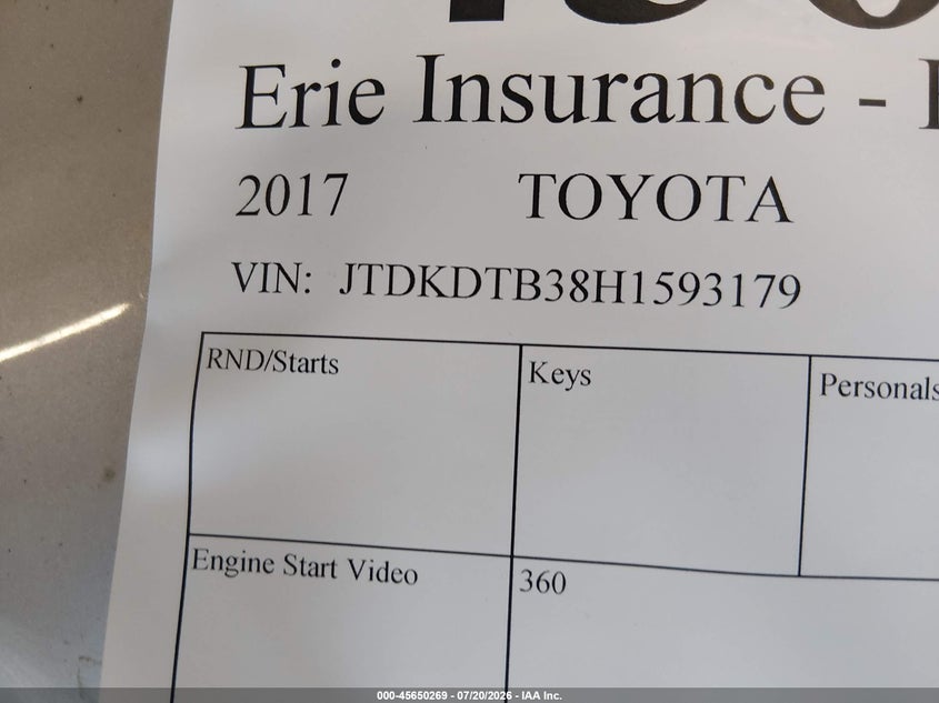 2017 Toyota Prius C Four VIN: JTDKDTB38H1593179 Lot: 45650269
