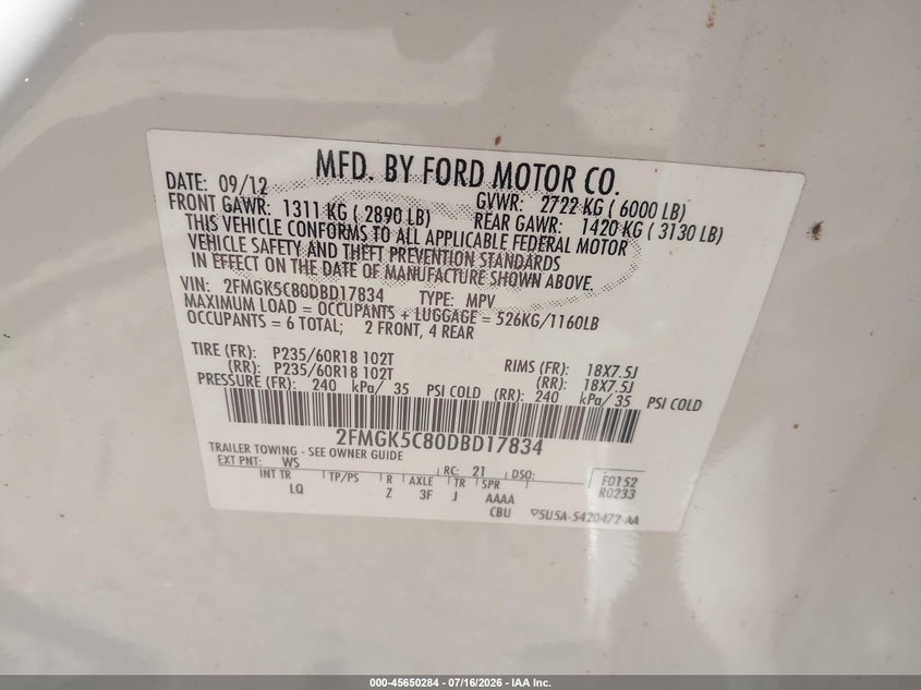 2013 Ford Flex Sel VIN: 2FMGK5C80DBD17834 Lot: 45650284