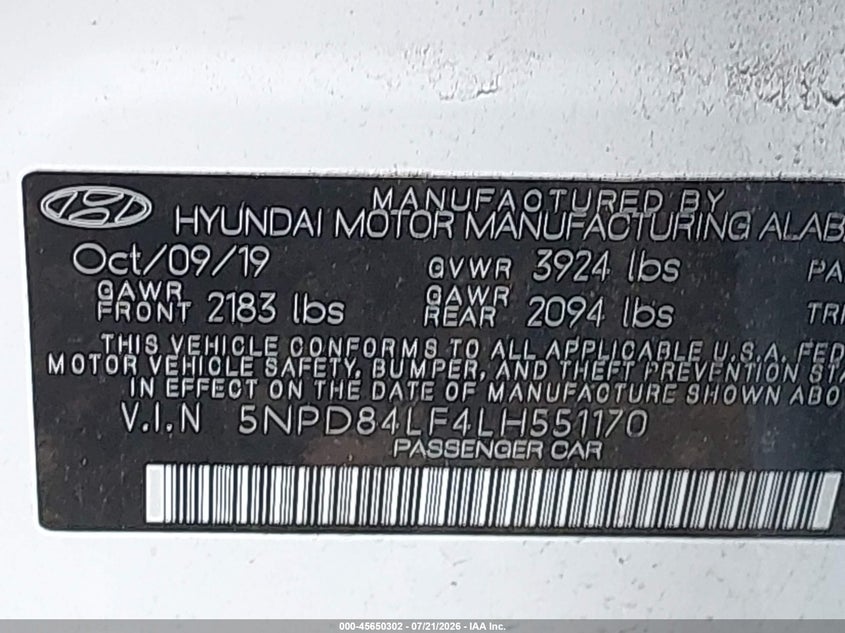 2020 Hyundai Elantra Value Edition VIN: 5NPD84LF4LH551170 Lot: 45650302