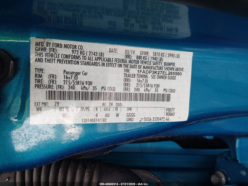 2014 Ford Focus Se VIN: 1FADP3K27EL285580 Lot: 45650314