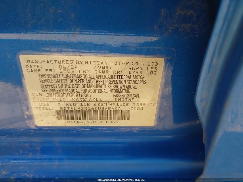 2024 Nissan Versa 1.6 Sr VIN: 3N1CN8FV7RL916385 Lot: 45650344