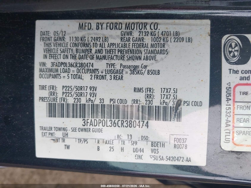 2012 Ford Fusion Hybrid VIN: 3FADP0L36CR380474 Lot: 45650358