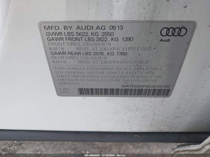 2014 Audi Q5 3.0T Premium Plus VIN: WA1DGAFP2EA039742 Lot: 45650367