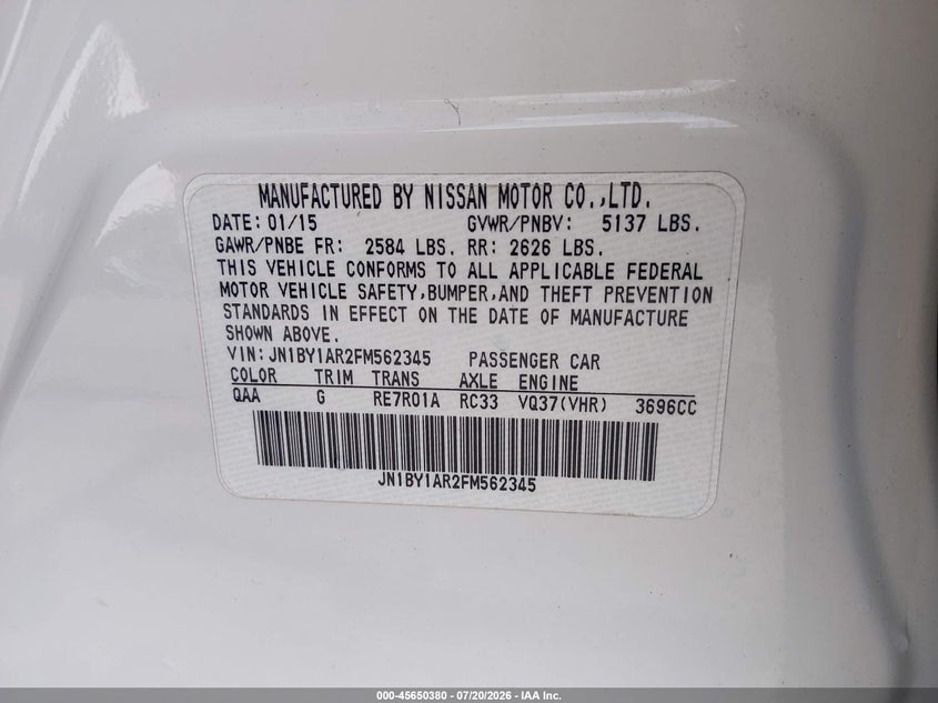 2015 Infiniti Q70 3.7X VIN: JN1BY1AR2FM562345 Lot: 45650380