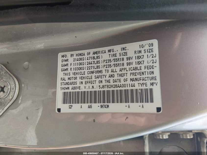 2010 Acura Rdx VIN: 5J8TB2H28AA001144 Lot: 45650407
