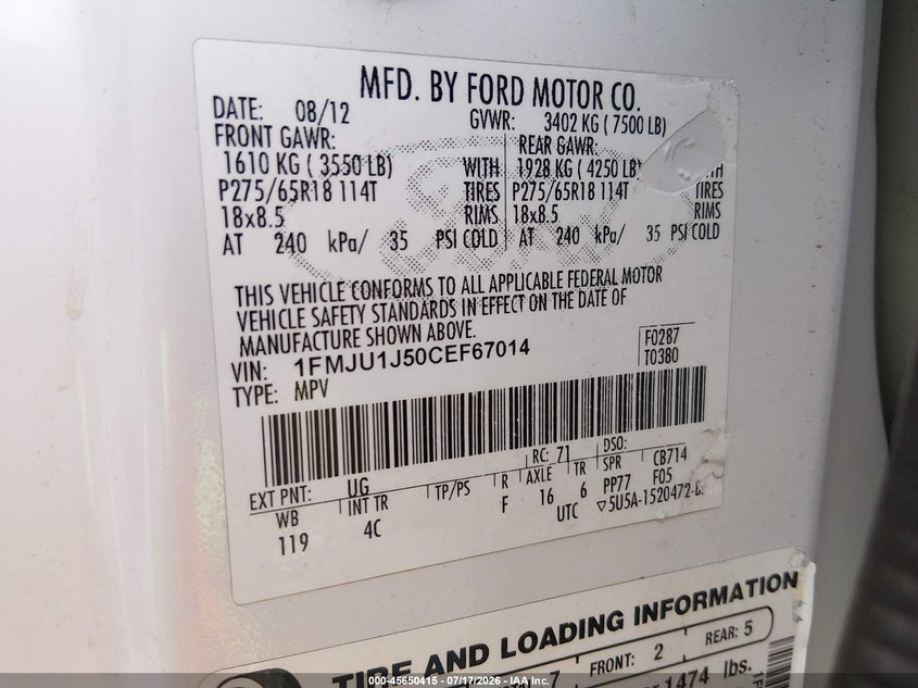 2012 Ford Expedition Xlt VIN: 1FMJU1J50CEF67014 Lot: 45650415