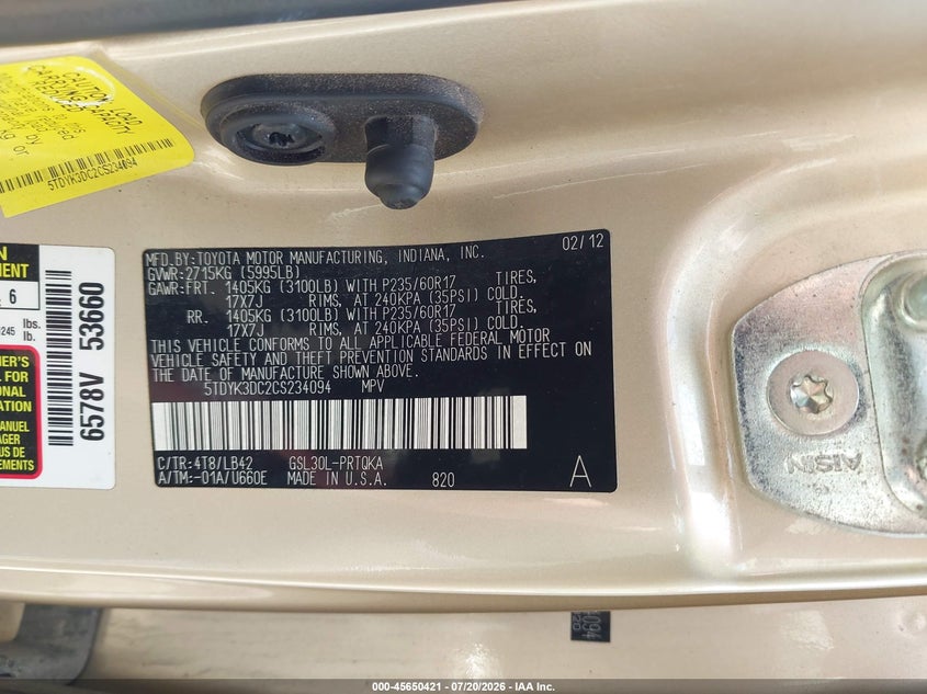 2012 Toyota Sienna Limited V6 7 Passenger/Xle V6 7 Passenger Auto Access Seat/Xle V6 8 Passenger VIN: 5TDYK3DC2CS234094 Lot: 45650421