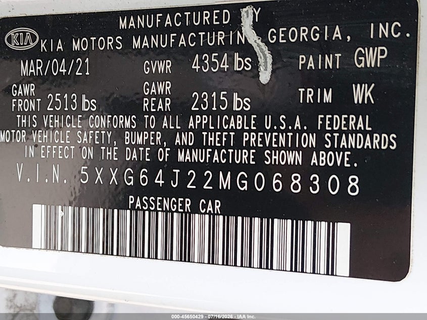 2021 Kia K5 Gt-Line VIN: 5XXG64J22MG068308 Lot: 45650429