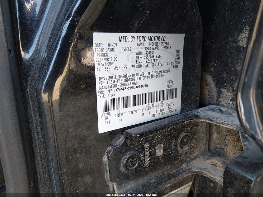 2009 Ford F-450 Harley-Davidson/King Ranch/Lariat/Xl/Xlt VIN: 1FTXW43R19EA94615 Lot: 45650431