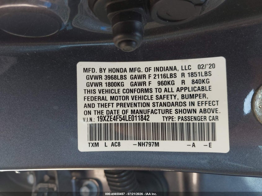 2020 Honda Insight Ex VIN: 19XZE4F54LE011842 Lot: 45650457