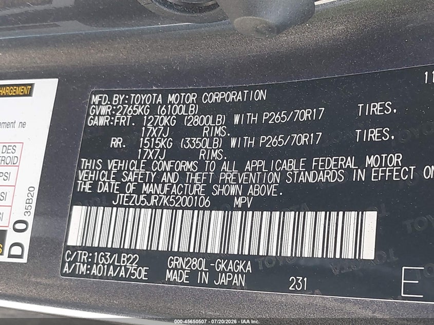 2019 Toyota 4Runner Sr5 Premium VIN: JTEZU5JR7K5200106 Lot: 45650507