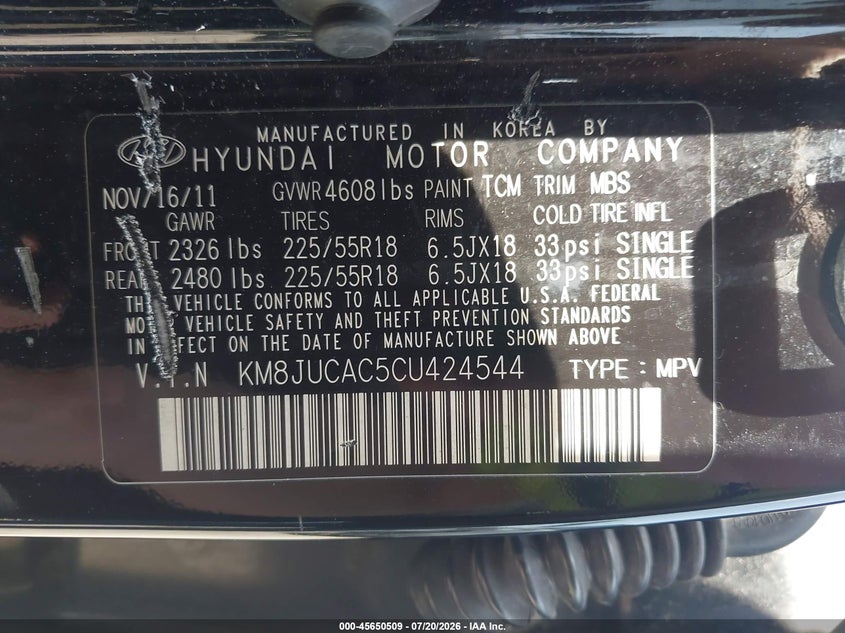 2012 Hyundai Tucson Limited VIN: KM8JUCAC5CU424544 Lot: 45650509